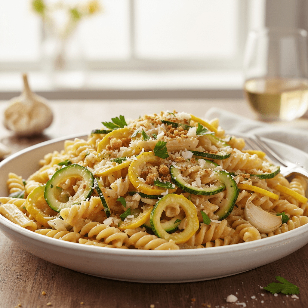 Garlic parmesan summer squash pasta in a white bowl