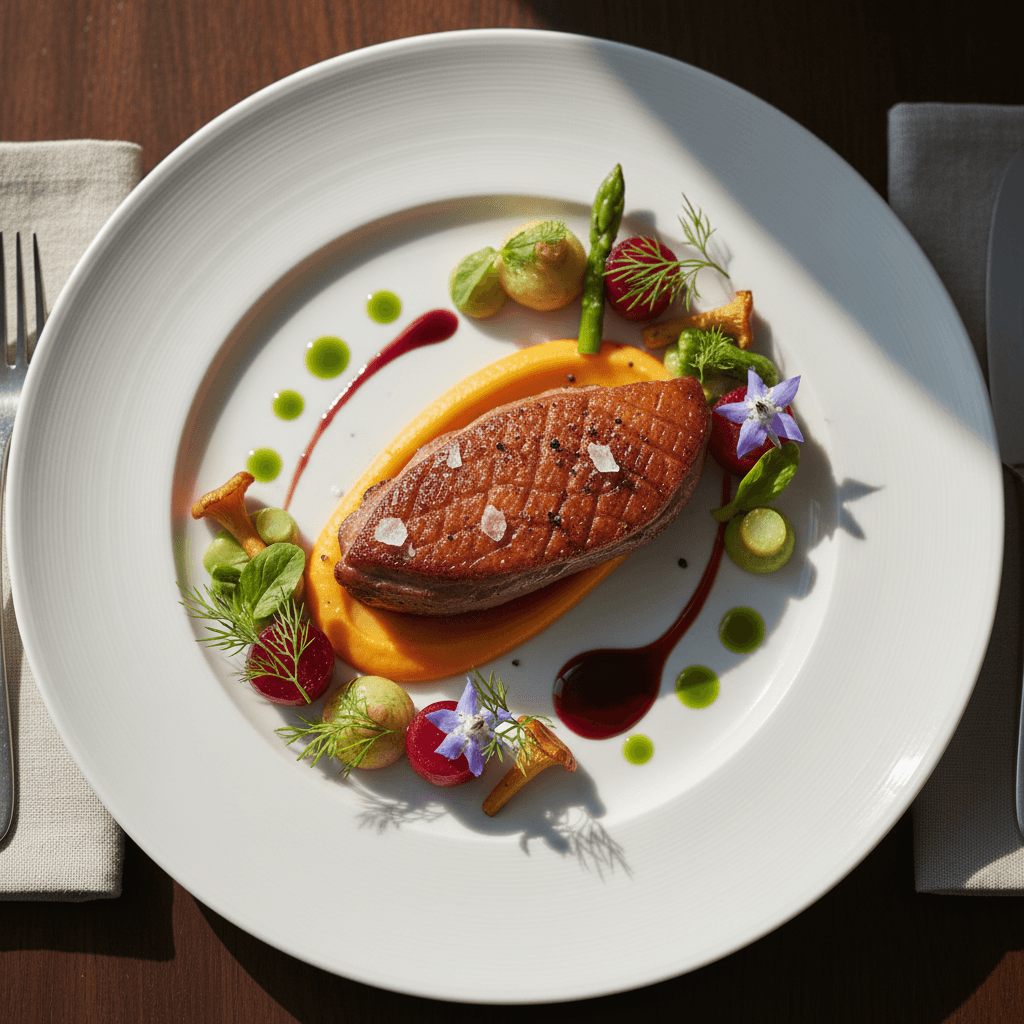 Beautifully plated fine dining dish with colorful garnishes