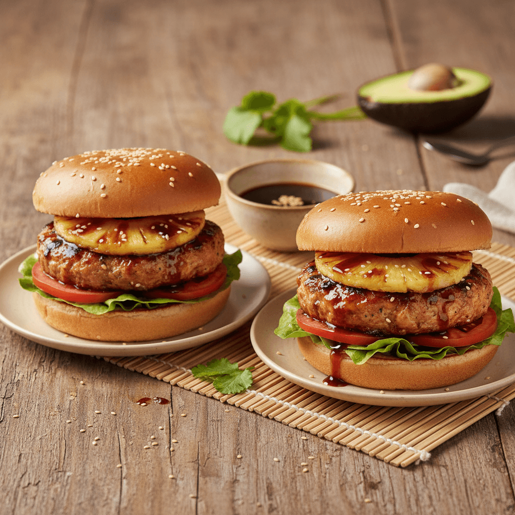 Hawaiian shoyu chicken burger with pineapple and lettuce
