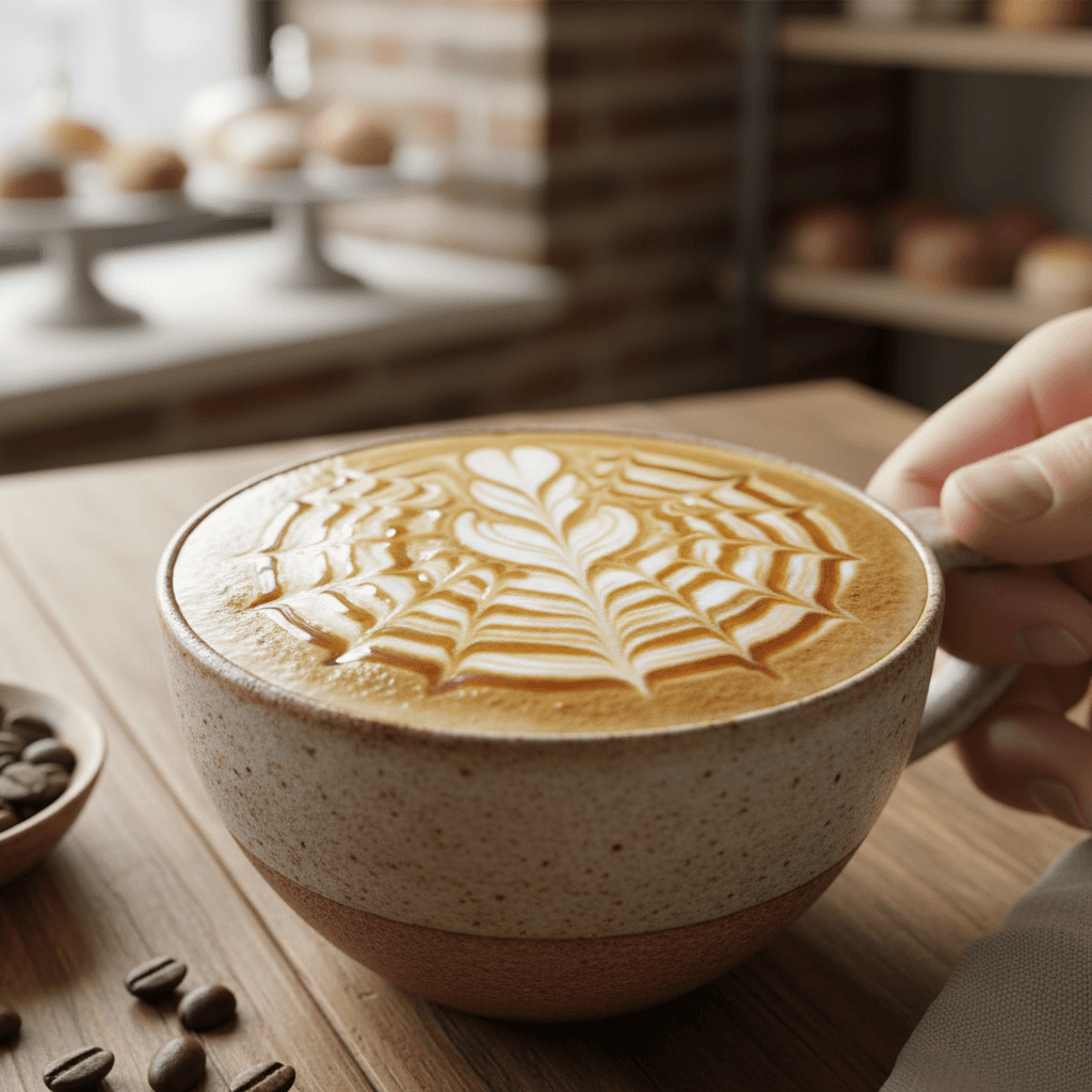 Artisan coffee drinks with latte art in ceramic cups