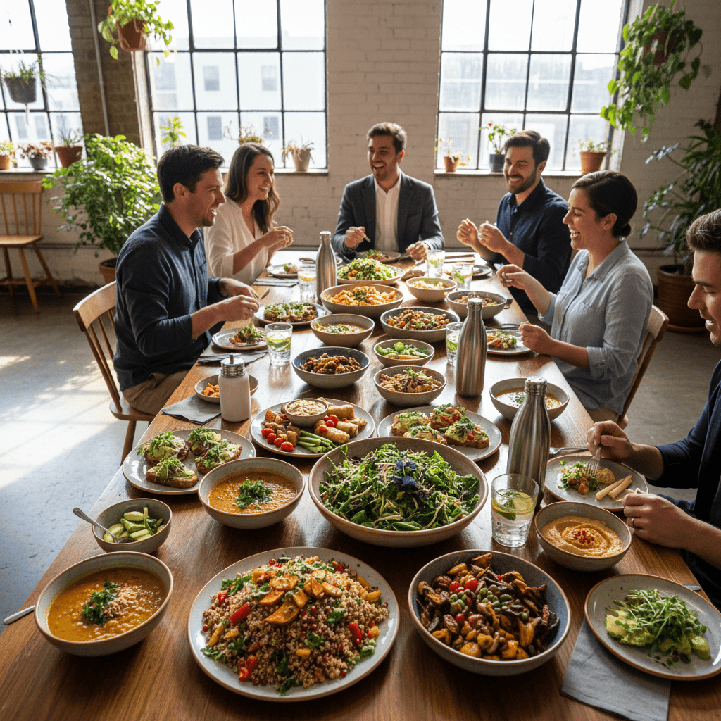 Colorful plant-based dishes arranged on a restaurant table