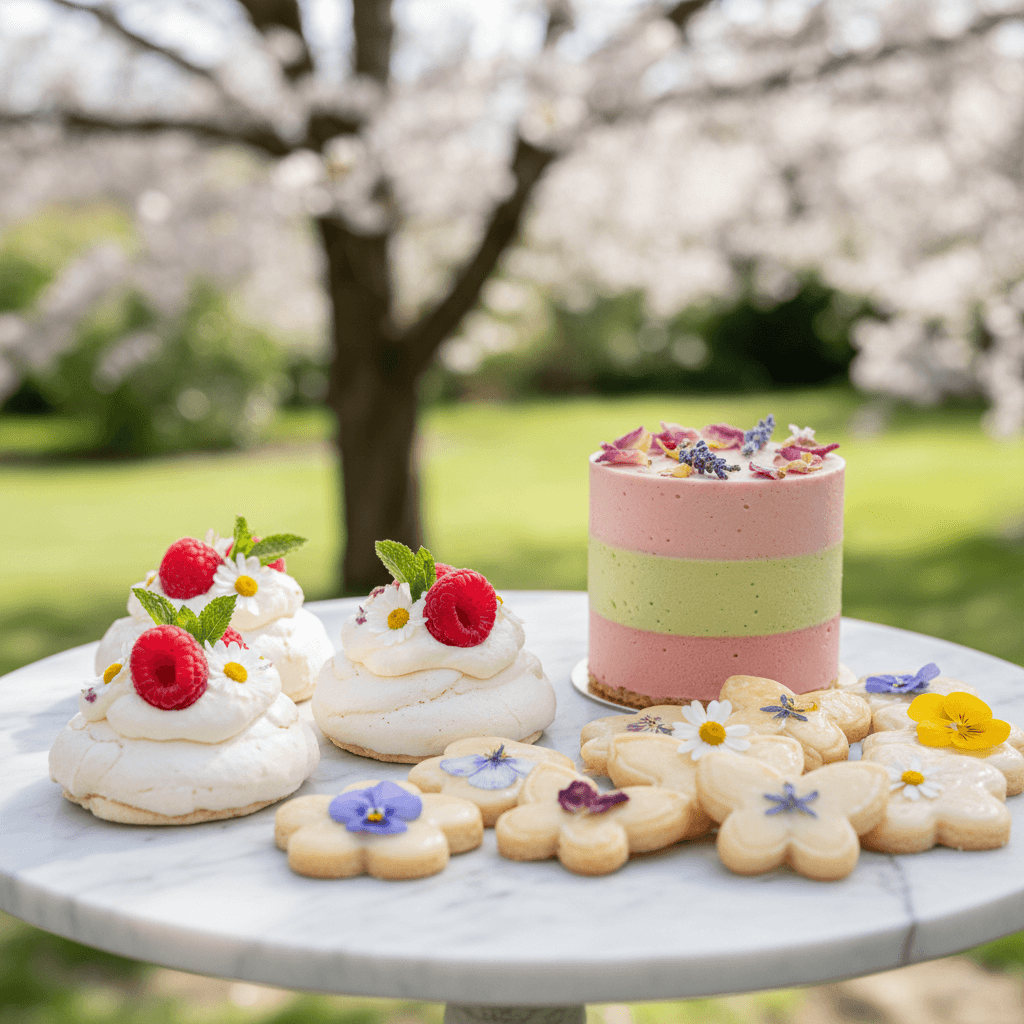 Seasonal summer desserts with fresh fruit on a dessert table