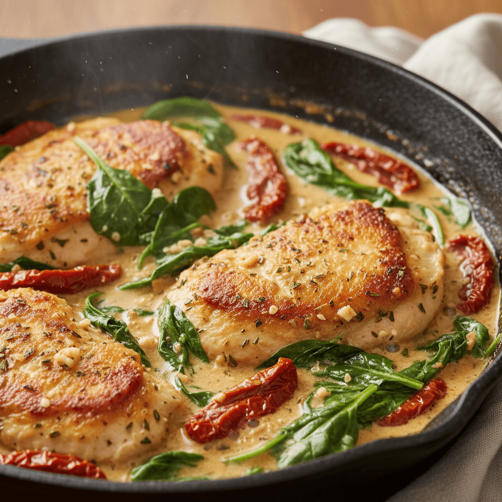 Creamy marry me chicken in a skillet with sun-dried tomatoes